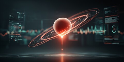 Gene Editing concept. Futuristic digital planet with rings and data overlays.