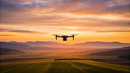 Drone flying over scenic landscape at sunset.