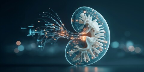 Gene Editing concept. Futuristic digital kidney design with glowing elements.