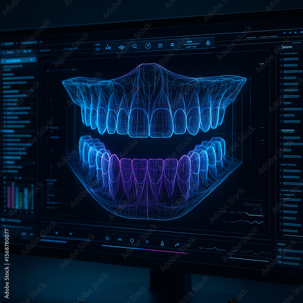 Poster ai generated 3d wireframe jaw structure with digital hud interface representing advanced dental tech