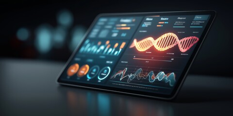 Gene Editing concept. Futuristic tablet displaying data visualizations and graphs.