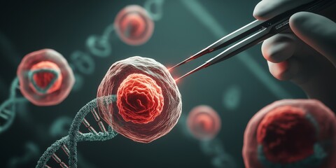 Gene Editing concept. Hand holding tweezers near DNA and cells illustration.