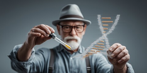 Gene Editing concept. Scientist manipulating DNA model with pipette in studio setting.