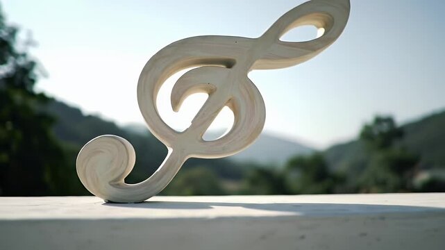 Wooden Treble Clef on Concrete Surface Against Blurred Green Mountain Background