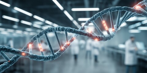 Gene Editing concept. DNA strand in a laboratory setting with researchers in background.