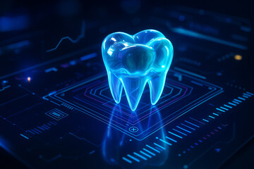 AI generated digital hologram of a glowing 3D tooth hovering above a virtual dental interface showing futuristic medical data and analysis in a sci-fi context