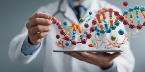 Gene Editing concept. Scientist manipulating DNA strands with digital tablet.