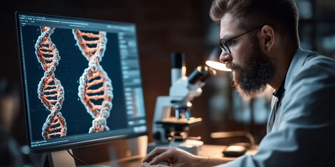 Gene Editing concept. Scientist analyzing DNA structure on a computer screen.