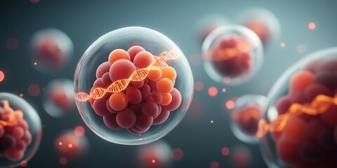 Gene Editing concept. Microscopic view of cells with DNA strands visible.