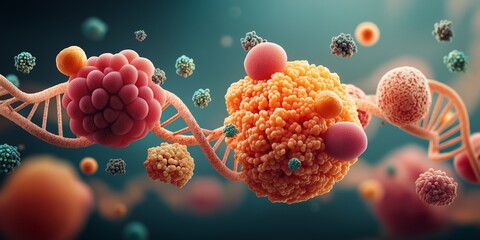 Gene Editing concept. Microscopic view of DNA and cellular structures.
