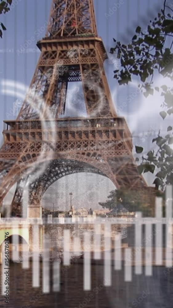 Poster animation of statistical data processing against view of eiffel tower