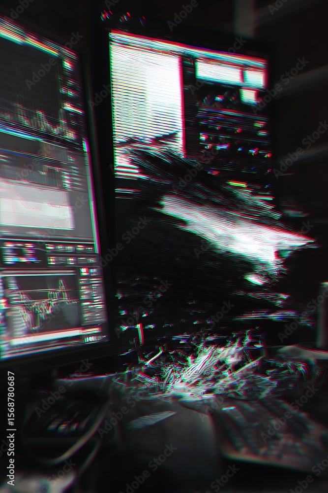 Fototapete distorted computer screens display intricate data visualizations.