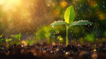Young green seedling sprouting in moist soil under rain and sunlight in springtime