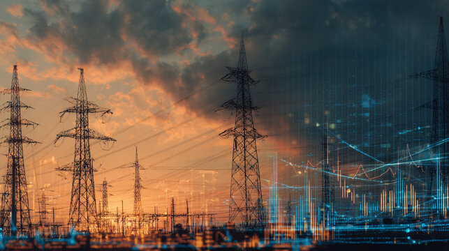 Power Grid at Sunset with Data Overlay, High Voltage Transmission Towers and Lines - Powered by Adobe