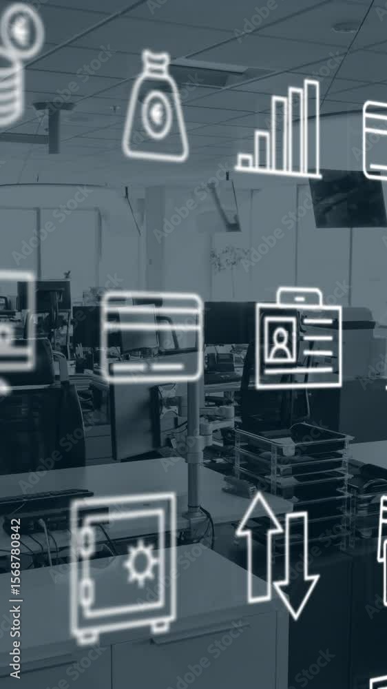 Poster animation of multiple digital icons moving against empty office
