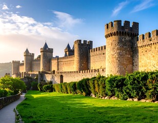 Ancient stone walls and towers at sunrise