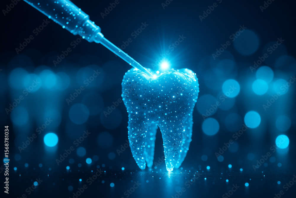 Poster ai generated close up of realistic tooth being activated by glowing bio energy with nano light parti