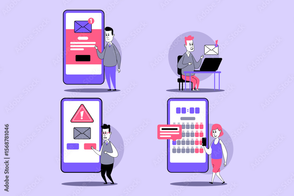 Poster four characters interacting with digital devices showing notifications, warnings, and scheduling act