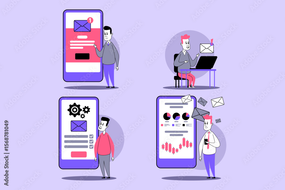 Poster illustrations of various activities involving digital communication. individuals engaged with mobile