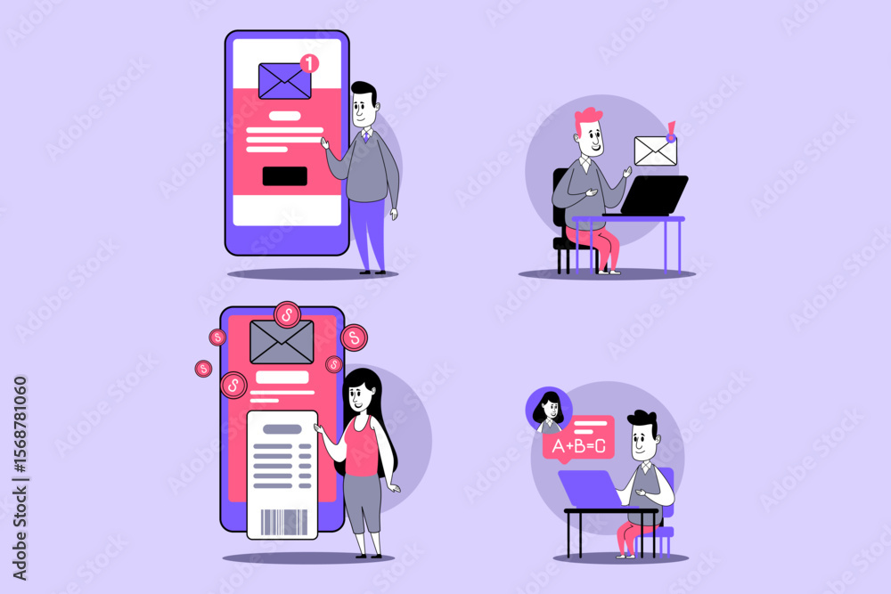 Poster individuals interacting with various digital devices while managing email notifications, organizing 