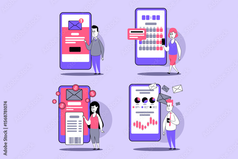 Poster illustration of individuals engaging with mobile devices, highlighting tasks like checking messages,