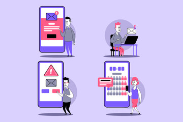 Four characters interacting with digital devices showing notifications, warnings, and scheduling activities. Online communication and task management concept