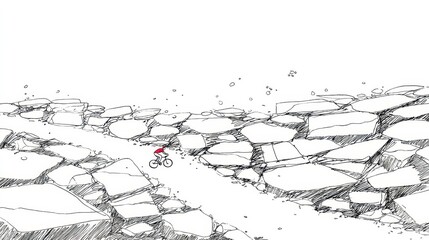 Fototapeta premium Cyclist on a path of fractured rocks.