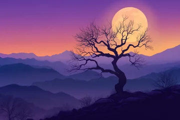 Gordijnen Twilight mountain landscape with lone tree and moon © Jamiel