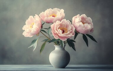 A few peony flowers are arranged in a vase, with soft petals and a gentle background