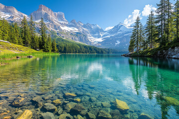 A serene alpine lake with crystal-clear waters, surrounded by pine trees, snow-capped mountains, and a clear blue sky reflecting on the surface.