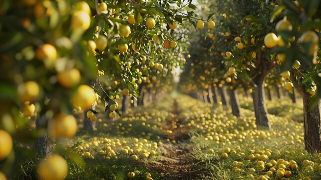 A lemon grove with rows of trees full of ripe lemons