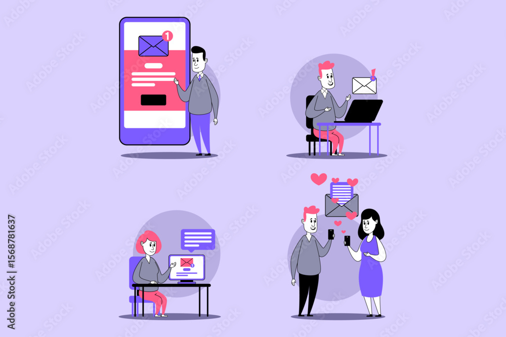 Poster people interacting with various digital communication methods, including messaging and emailing. mod