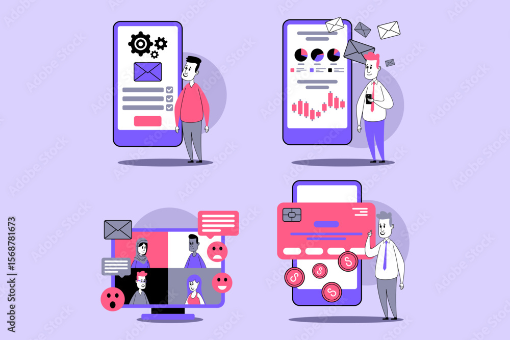 Poster characters using smartphones and computers to send messages, analyzing data, and engaging in video c