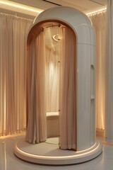 The original booth, bathed in soft lighting with a gentle background