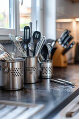 In a clean kitchen, stainless steel utensils are neatly arranged