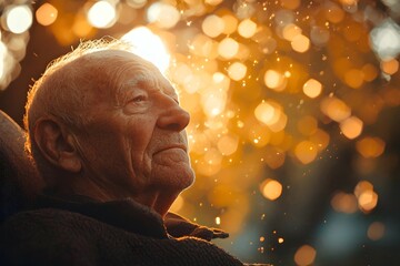 An elderly man basks in a dreamy, glowing atmosphere of sunlight