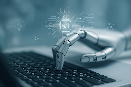 AI generated robotic hand interacting with keyboard surrounded by digital brain circuit and holographic icons representing artificial intelligence data processing and advanced machine logic interface