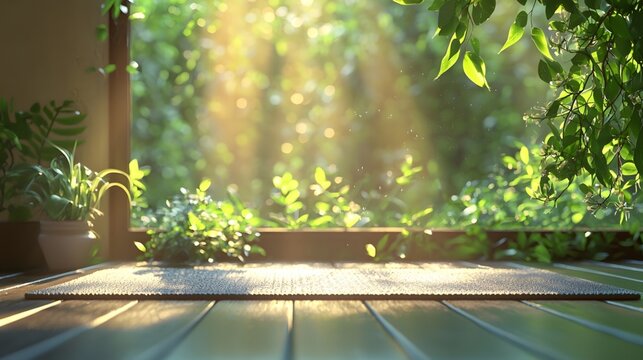 Soft sunlight falls on the yoga mat as the practitioner focuses on completing each movement, with a backdrop of hazy green leaves