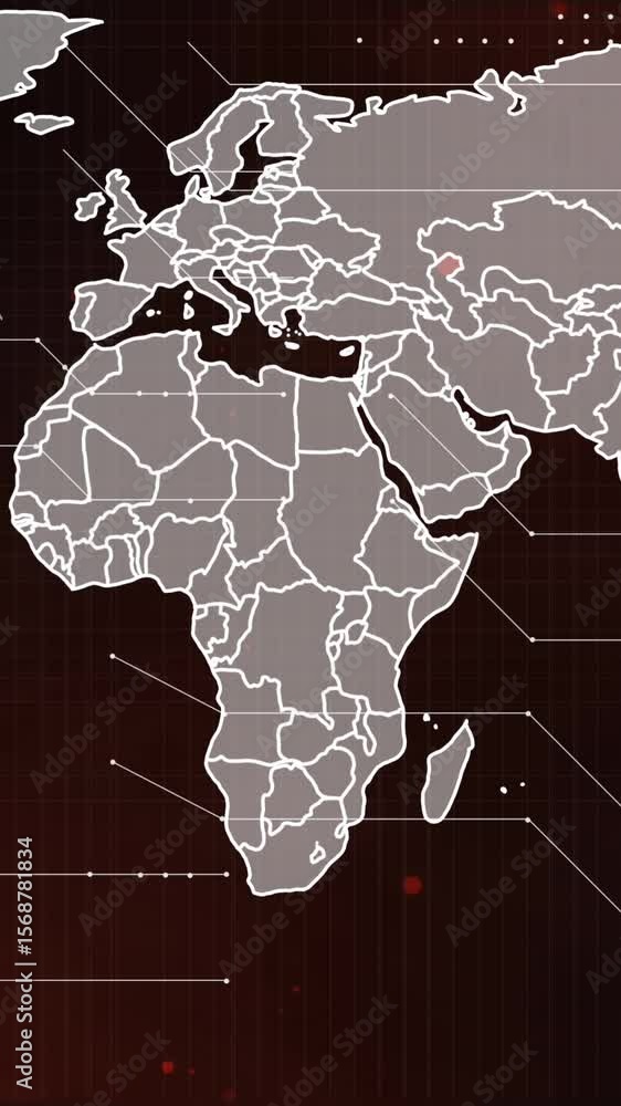 Aufkleber animation of world map with data processing on black background