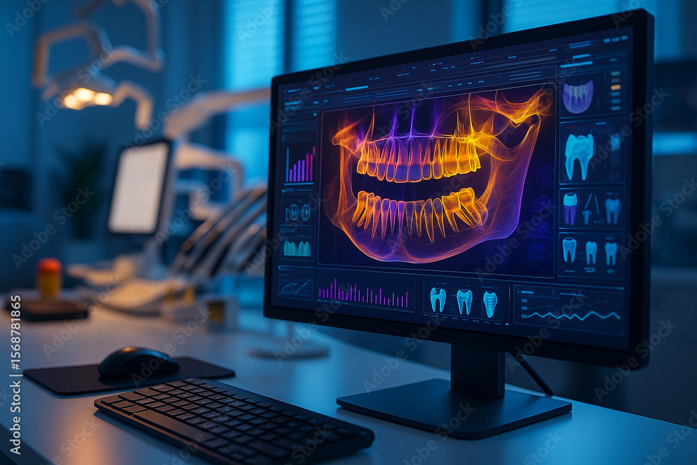 Poster ai generated digital dental scan showing 3d jaw analysis on a futuristic interface in a modern clini