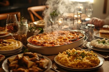 The dining table is laden with freshly cooked dishes, steaming hot