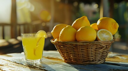 A basket of lemons next to a glass of freshly squeezed juice