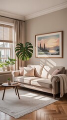 Cozy living room with sunlit sofa and artwork pillows
