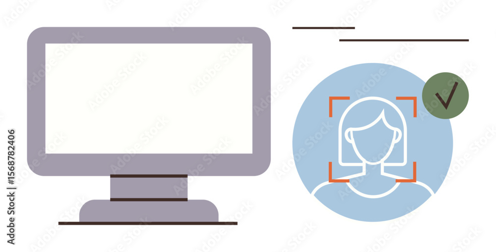 Poster computer screen alongside face recognition outline with a checkmark confirming successful identifica
