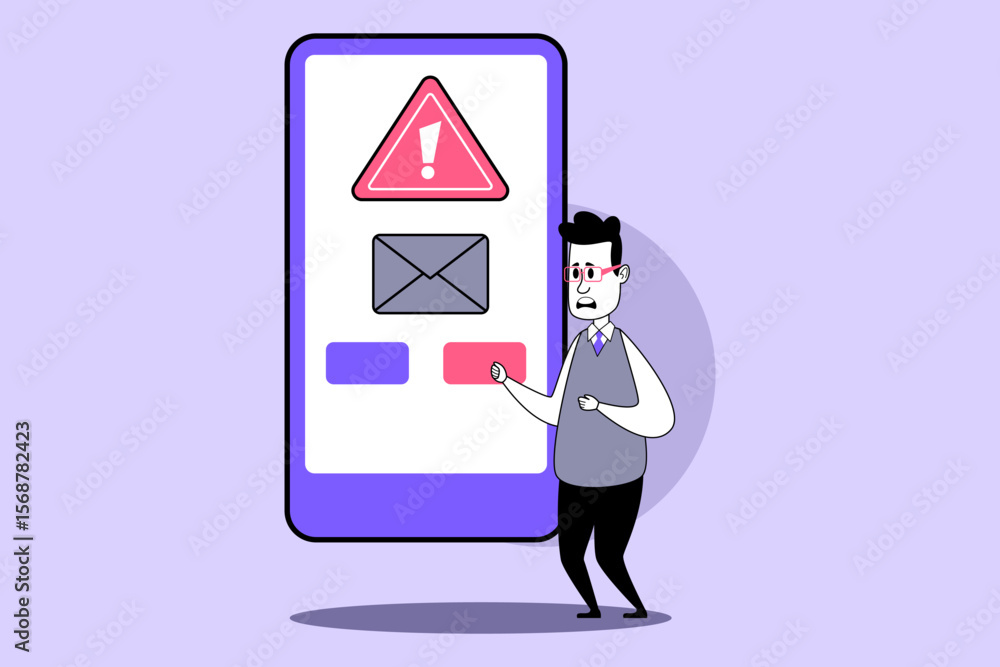 Poster man standing in front of large smartphone displaying warning notification. confused and uncertain ma