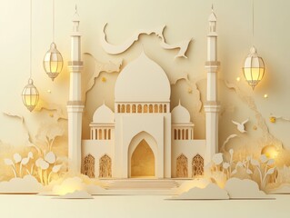 Elegant mosque scene, paper cut style.  Soft, light beige tones