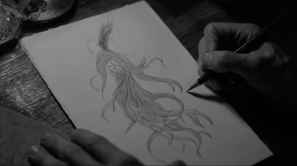 Obraz premium Detailed drawing of a fantastical creature's elaborate hair.