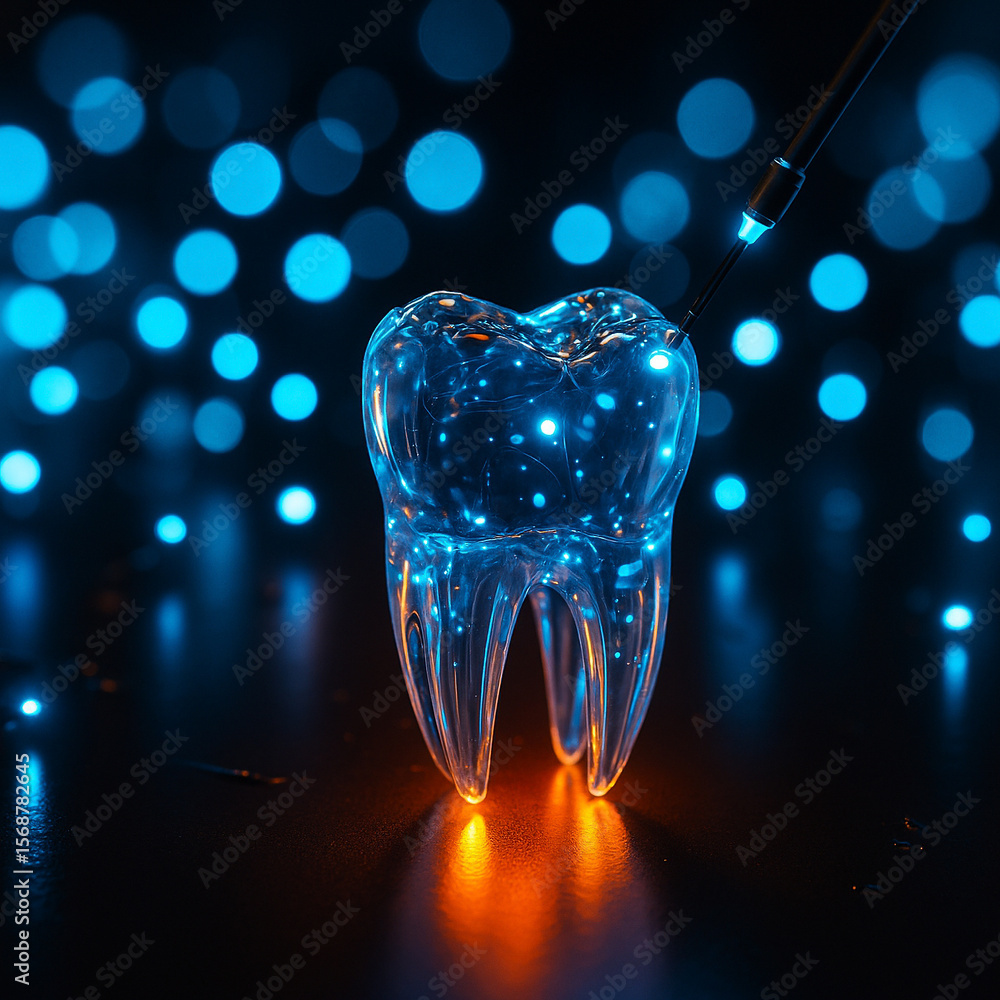 Poster ai generated transparent crystal tooth with glowing orange base and digital connectors surrounded by