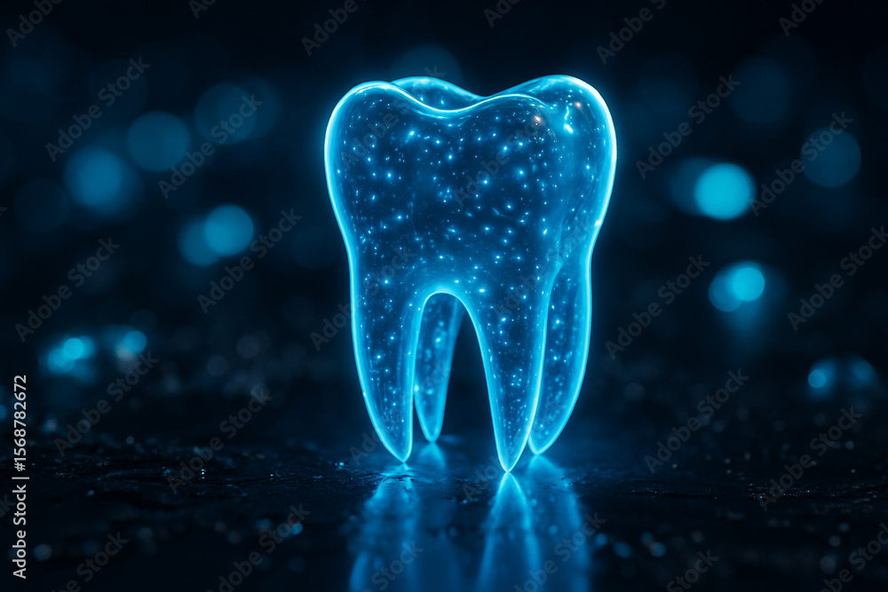 Poster ai generated glowing translucent tooth with sparkling blue particles floating on a reflective dark s