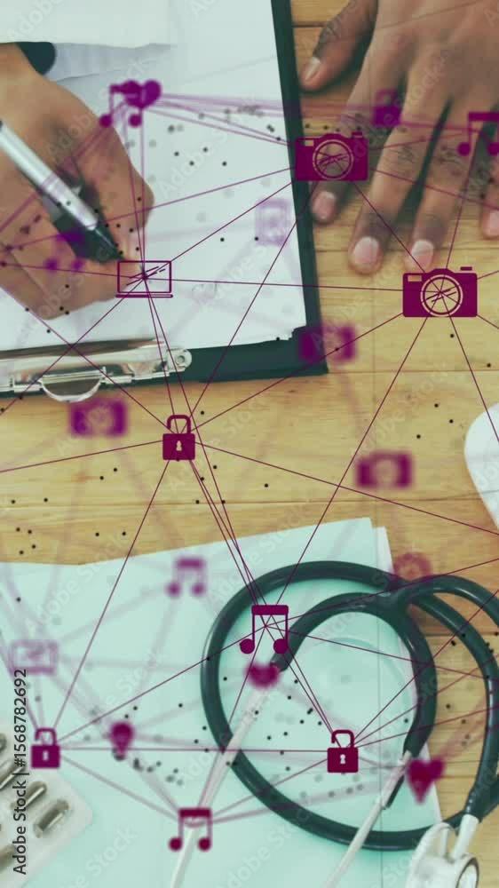 Poster animation of globe of digital icons against overhead view of mid section of man talking notes